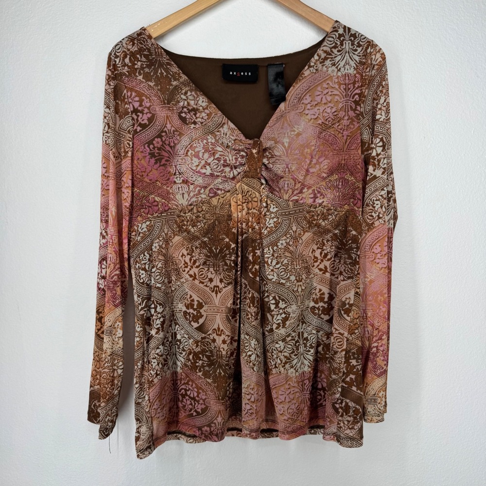 Vintage Womens Y2K Mesh Babydoll Top Paisley Long Sleeve Large Brown‎ Whimsigoth